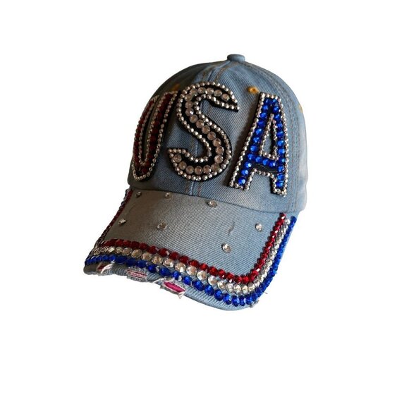 Denim Chambray Distressed Sparkle Bedazzled Rhinestone USA Hat Cap Adjustable - Picture 1 of 6